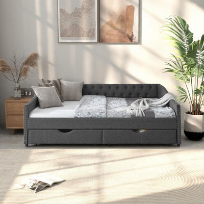 Alphonse Burwell 85" Queen Size Linen Upholstered Tufted Sofa Bed Daybed with 2 Under-Bed Storage Drawers – Tufted Headboard Guest Bed (Beige/Dark Gre