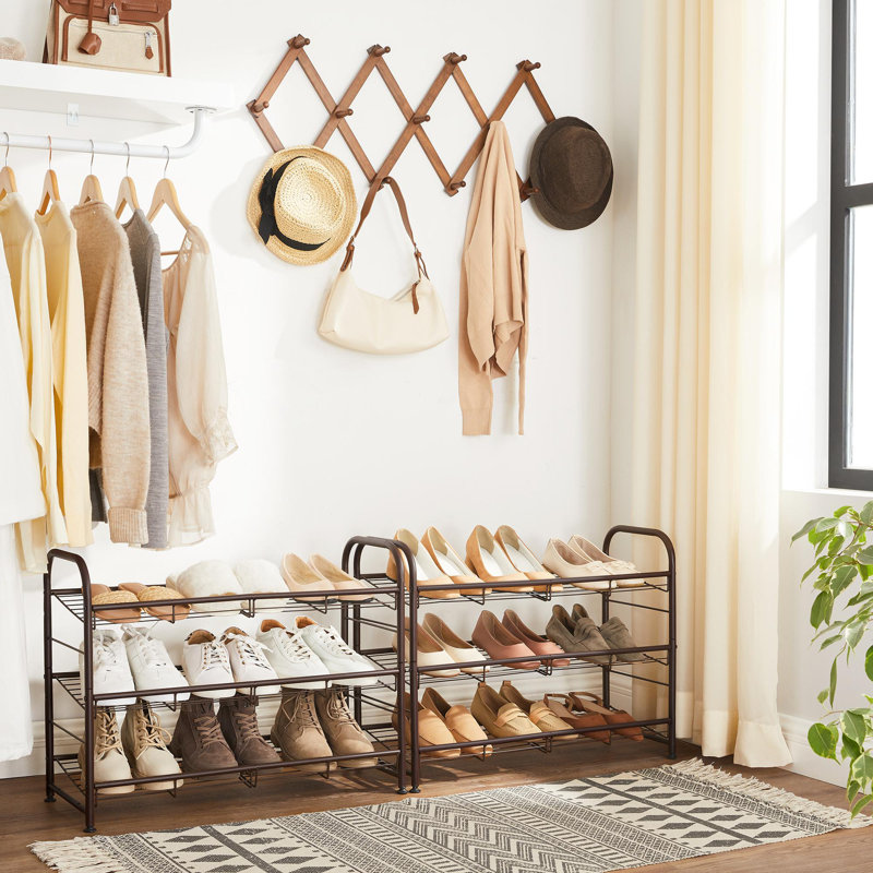 3 Tier 12 Pairs Shoe Rack Metal Shoe Shelf with Adjustable Tilt Angle, Brown, 19.5" H x 27" W x 10.8" D