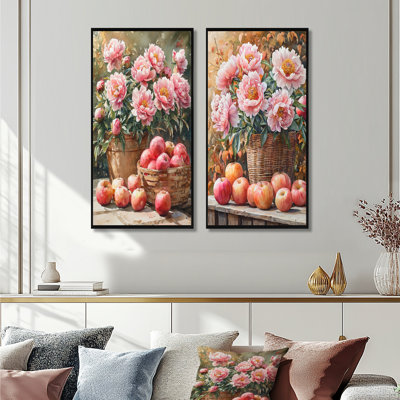 Panier de pivoines parmi les fruits de la récolte I - art mural floral, collection 2 panneaux
