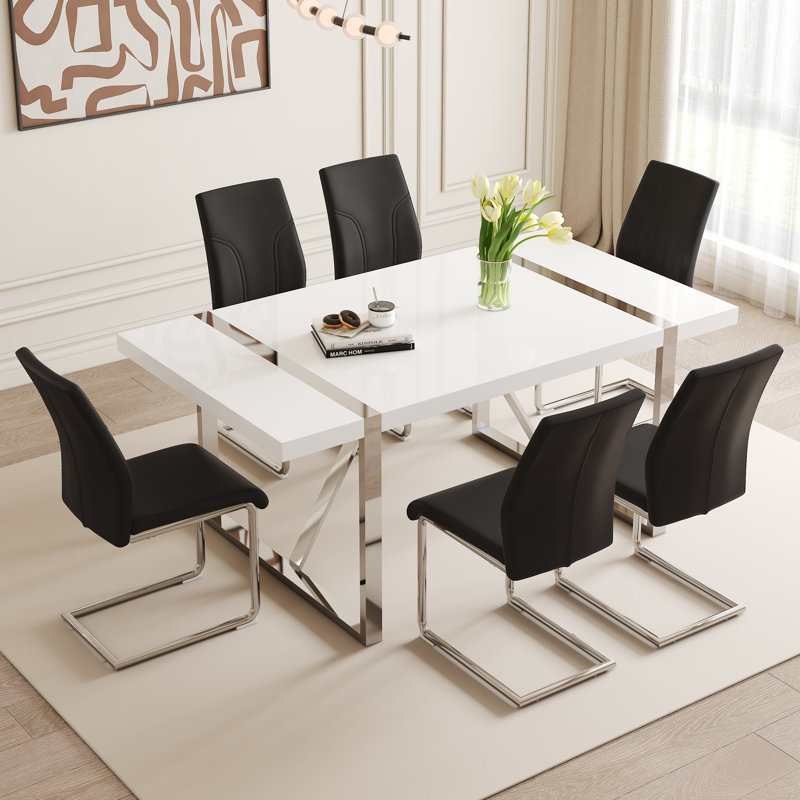  Ensemble de table de salle à manger 7 pièces en bois aggloméré peint avec chaises rembourrées en polyuréthane et pieds plaqués en fer, noir