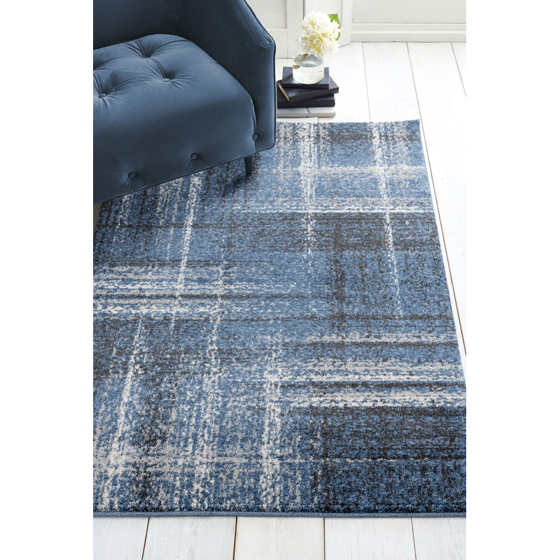 Tapis abstrait bleu nuit / bleu Woxall, Rectangle 5 pi 3 po x 7 pi 2 po