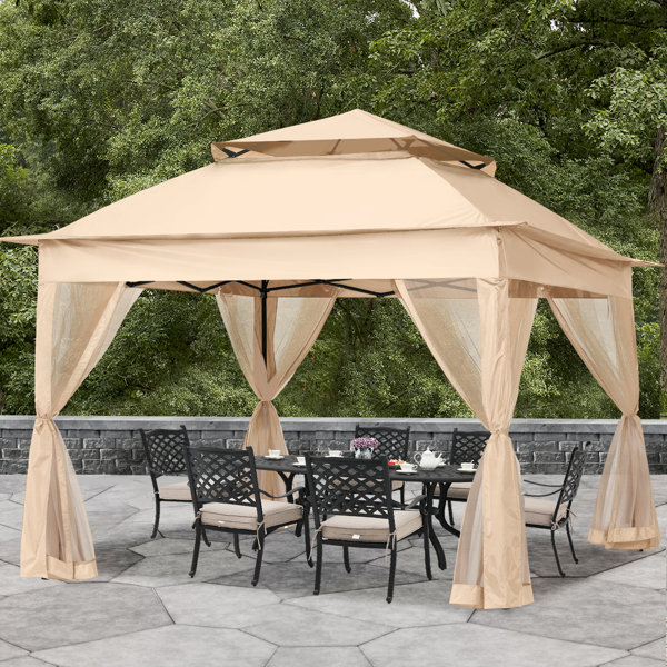 12'x10' Patio Gazebo, Heavy Duty Outdoor Canopy With Mesh Curtains And  Safety Bars, Canopy Tent With Waterproof Double Roof Tops, For Garden