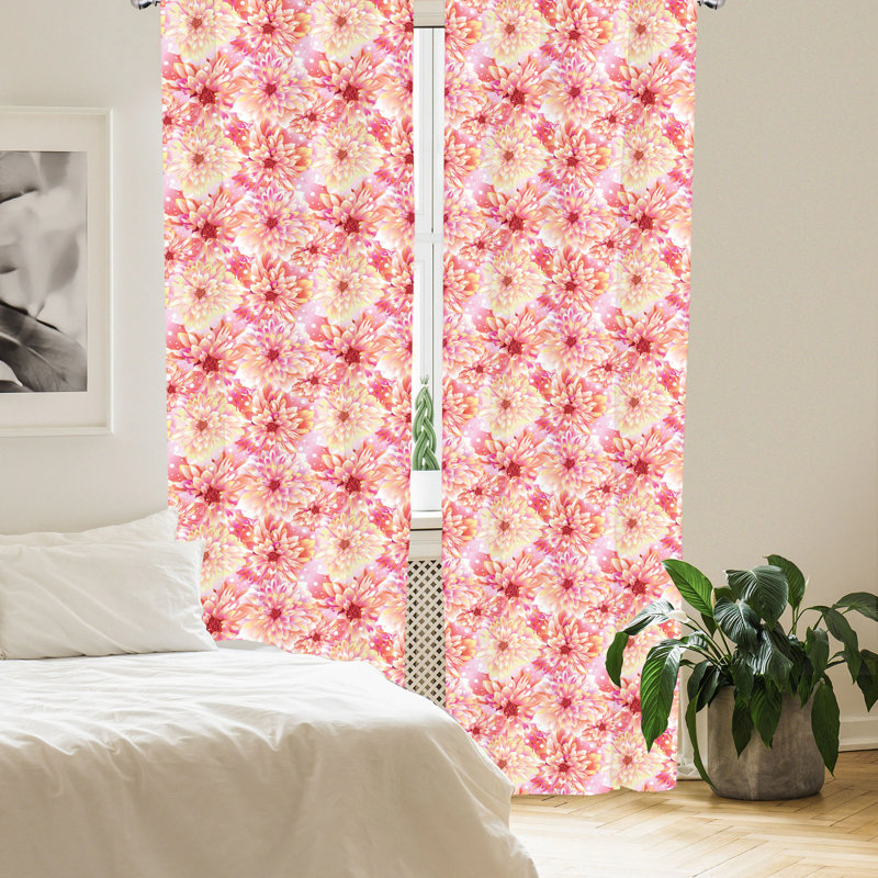 Floral Pink and Yellow Polyester Rod Pocket Curtain Panels, 28" x 84"