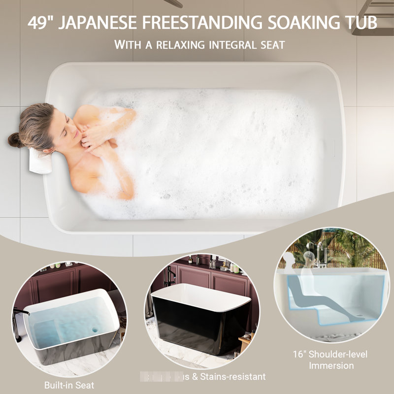Baignoire autoportante en acrylique, 49 po x 28 po, trempage japonais carré, noir lustré, trop-plein et système de drainage intégré