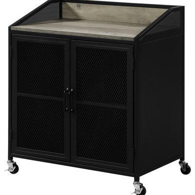 Armoire à vin Mobile Home Bar à 2 portes avec finition noir sableux et rustique avec couvercle gris