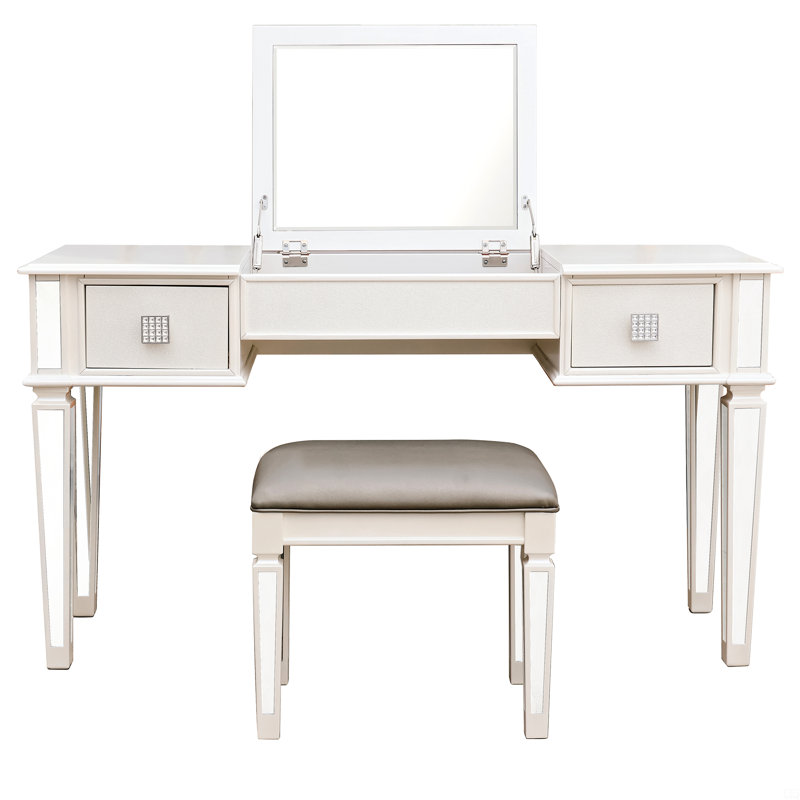 Mirrored Vanities Desk With Drawers, Bedroom Makeup Vanity Table Set With Mirror And Stool, Flip Up Dressing Table, White