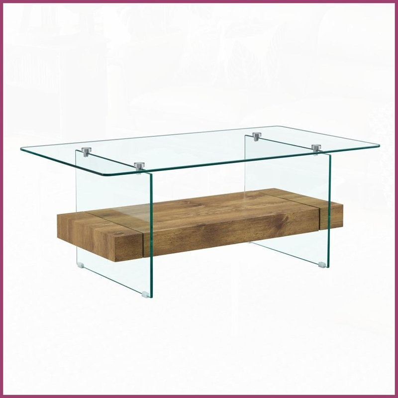 Table basse moderne 43,3 pouces à deux niveaux - verre transparent et amp; Bois clair, stable et amp; Bien rangé pour le salon