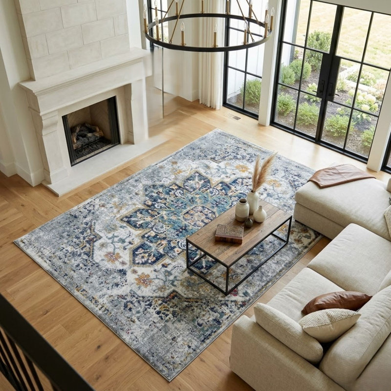 Tapis bleu / gris Miranda, Rectangle 8 pi 10 po x 11 pi 10 po