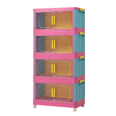 Happy Color, 20" Side Wide Folding Storage Cabinet ,4 Tiers,19.69"×11.81"×40.55",Collapsible Storage Bins With Magnetic Door, Plastic Storage Cabinet With Wheels