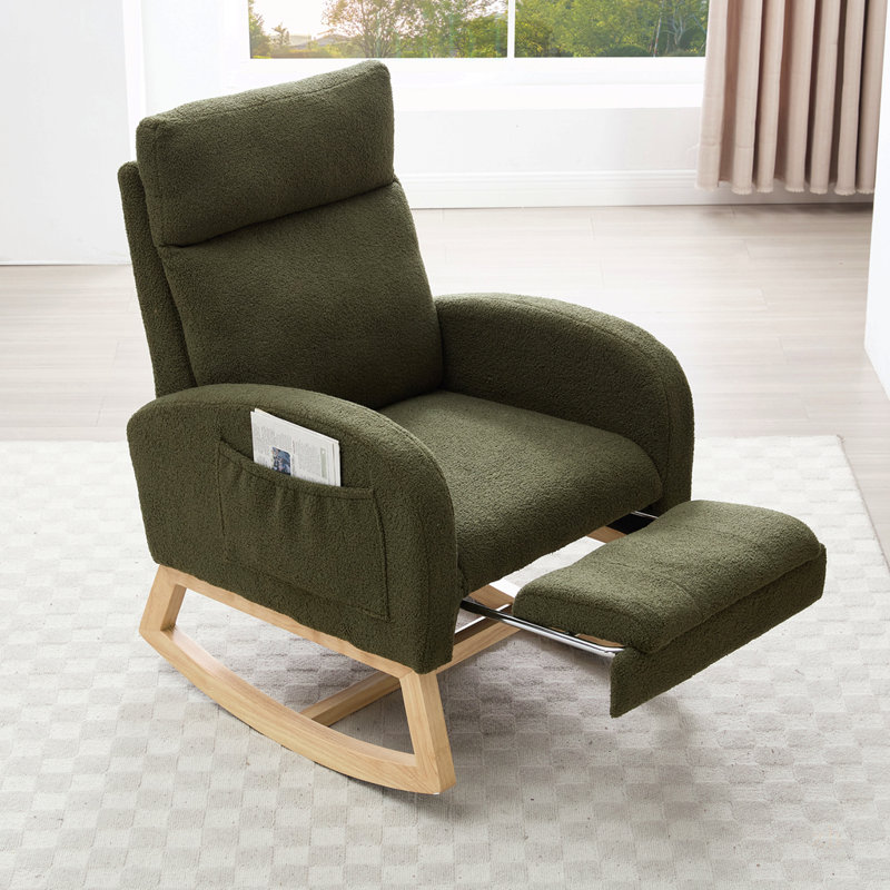 Fauteuil à bascule Teddy en tissu avec repose-pieds réglable, appuie-tête épais, dossier haut et poche de rangement, base en bois massif, vert