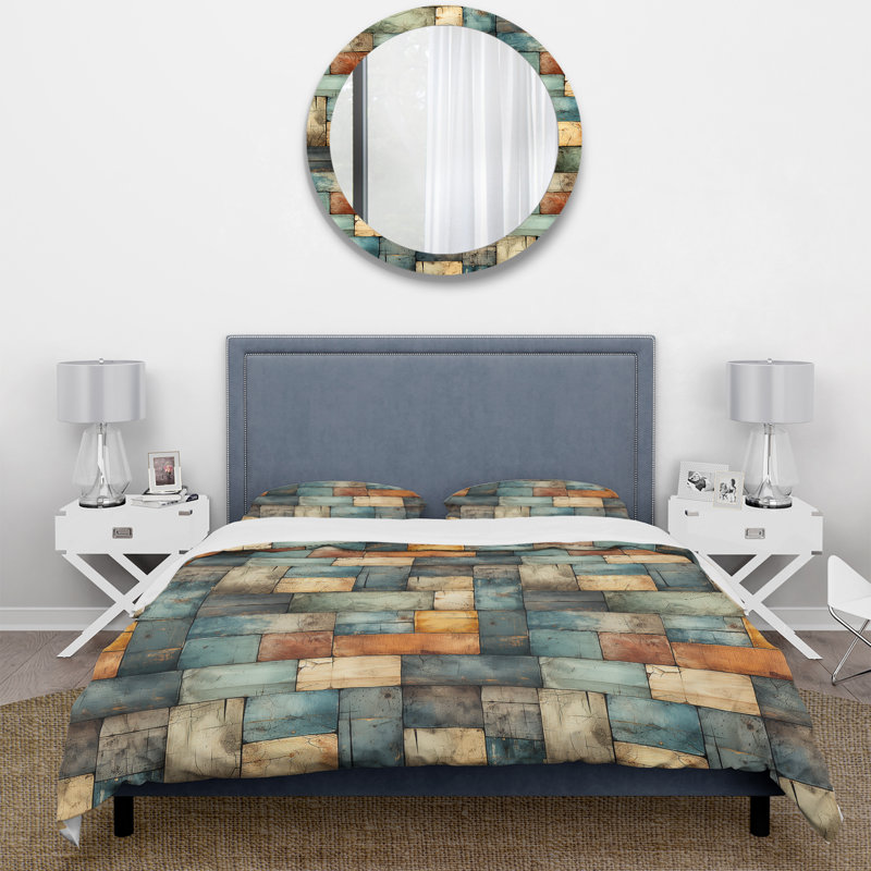 Literie rustique moderne avec planches de ferme cubiques, Housse de couette pour grand lit et 2 taies décor