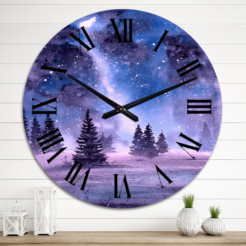 Horloge murale traditionnelle paysage étoilé avec sapins, Surdimensionné