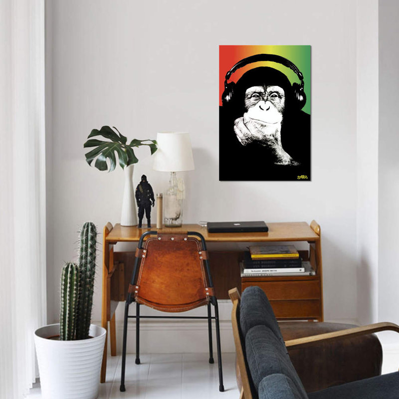 Monkey Headophone Rasta I par Steez - Impression sur toile, H 18 po x l 12 po x P 1,5 po, Toile tendue
