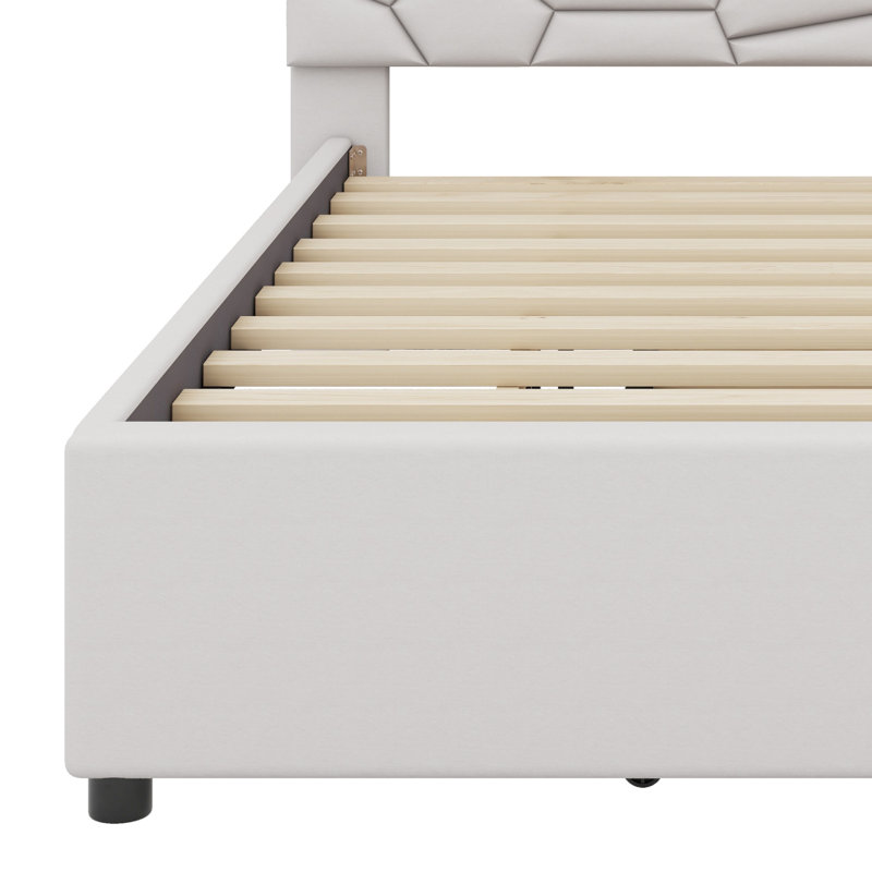 Lit plateforme tapissier avec tête de lit et lit gigogne à motif brique, Beige