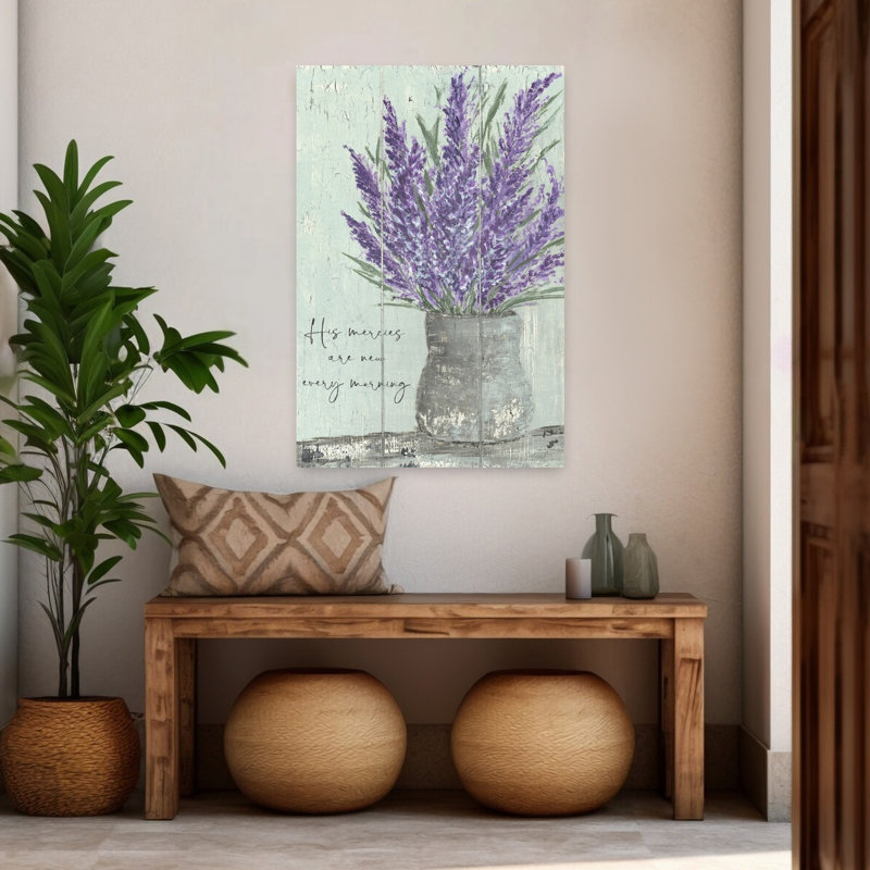 His Mercies Rustic Contemporary Lavender Spring Art, H 48 po x l 32 po