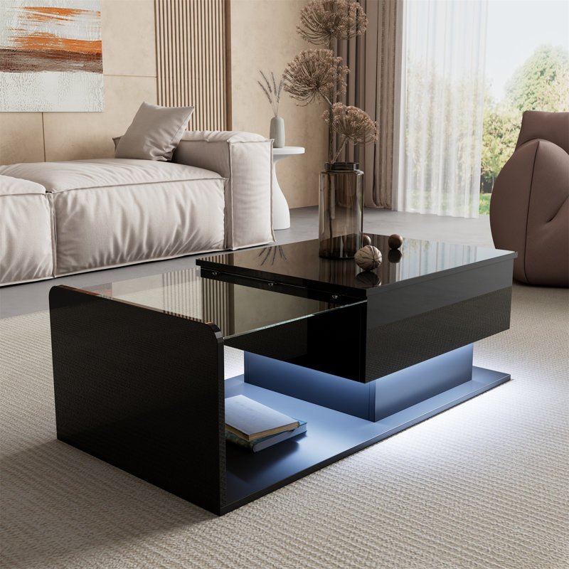 Table basse à plateau relevable avec lumières DEL et rangement caché Eugene, Noir