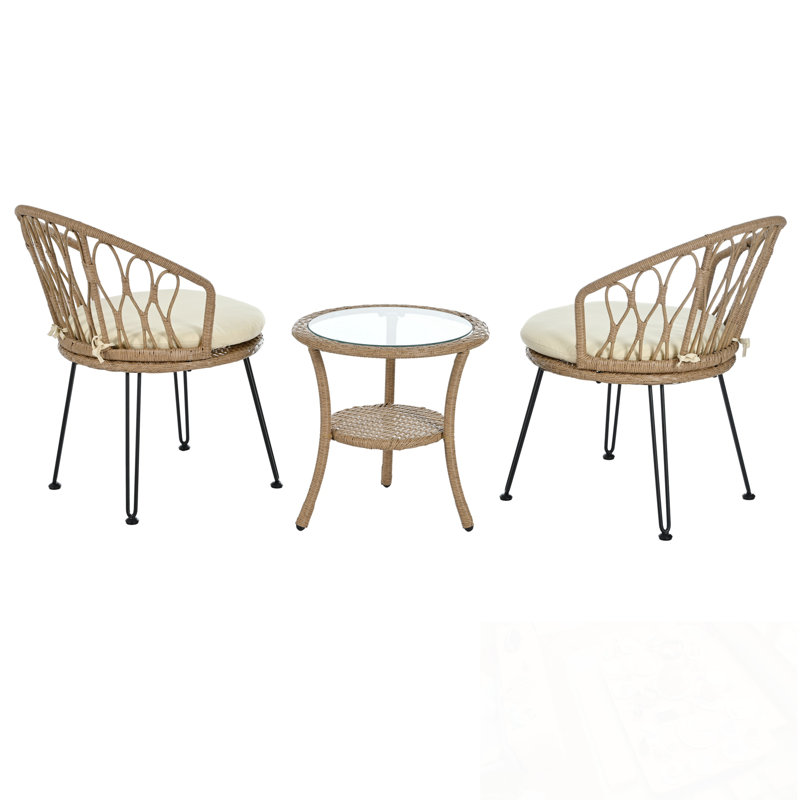 Lidio avec 2 chaises en rotin et table ronde en verre, Beige