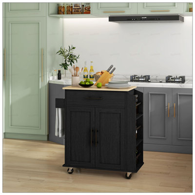 Îlot de cuisine avec rangement, chariot roulant avec prises CA et ports USB, support à micro-ondes avec serviette et support à épices