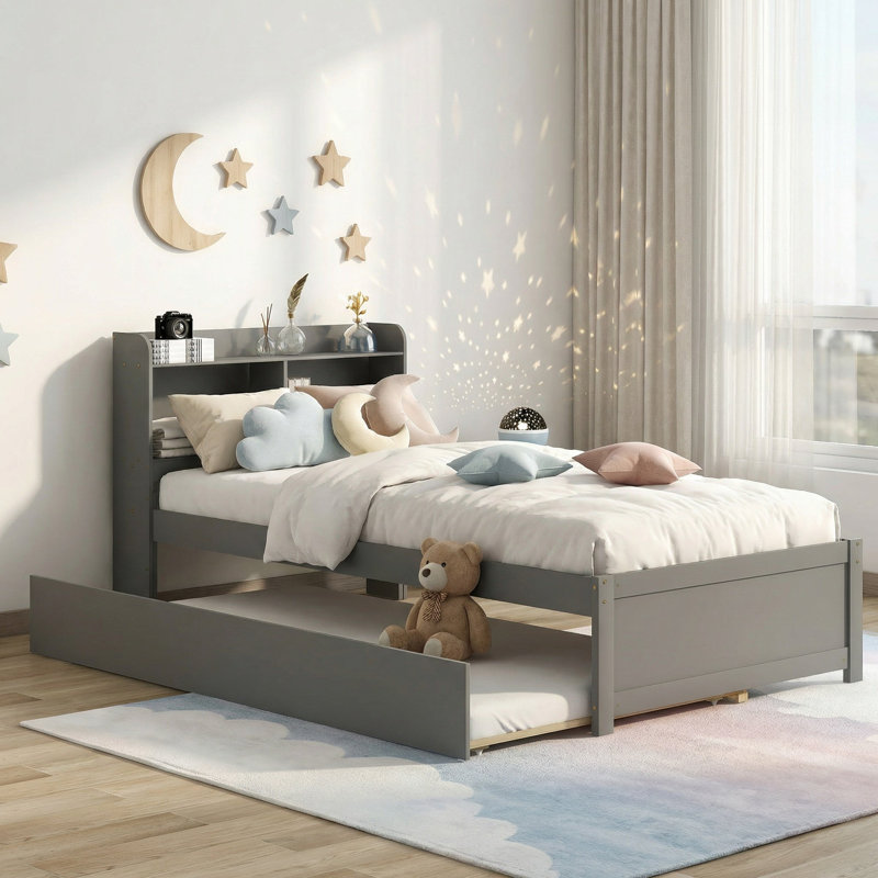 Twin Bed with Trundle,Bookcase, Grey