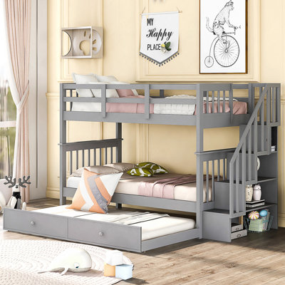 Stairway Twin-Over-Twin Bunk Bed With Twin Size Trundle For Bedroom, Dorm, Adults