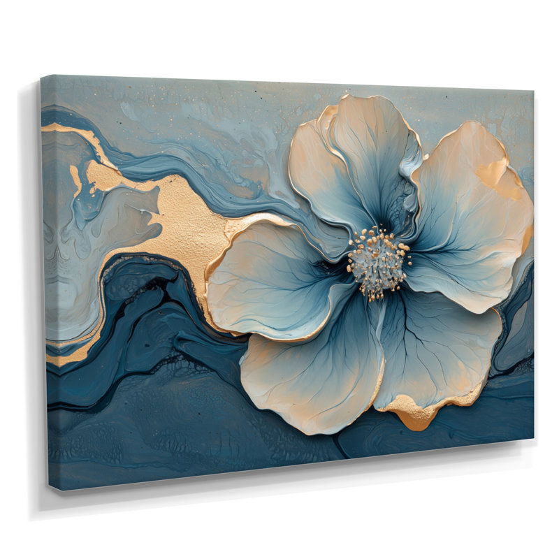 Marbre de geramium abstrait Irmtraut en bleu doré I - art mural en marbre, H 30 po x l 40 po, Toile tendue, Ne s’applique pas