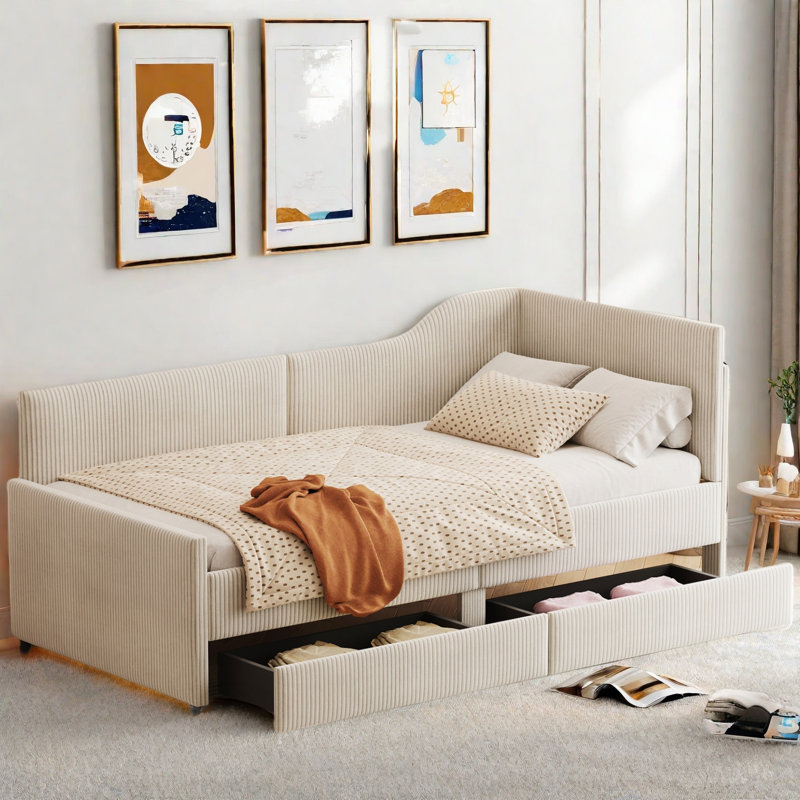 L-shaped Corduroy Daybed With 2 Storage Drawers, Beige