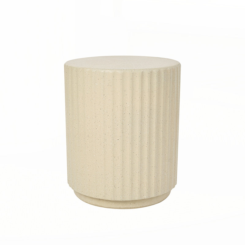 Outdoor Cylinder Shaped Mgo Side Table, Lightweight With Elegant Wave Design For Garden And Balcony, Beige