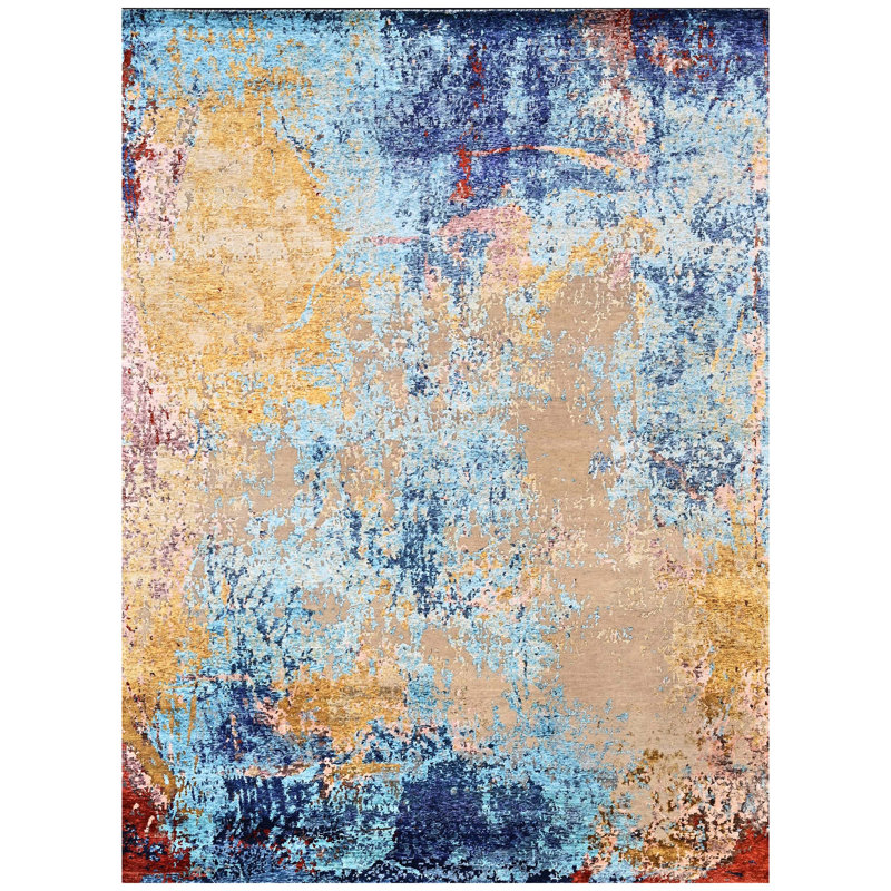 Tapis argenté et bleu noué à la main de haute qualité, Rectangle 8 pi x 10 pi