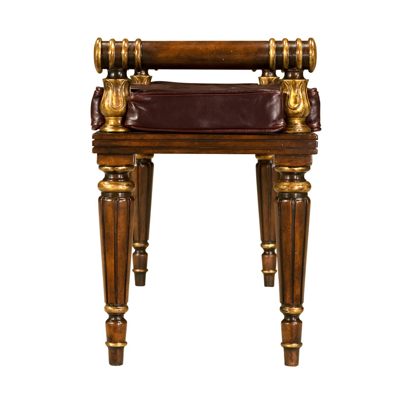 Theodore Alexander Mahogany and Leather Upholstered Bench