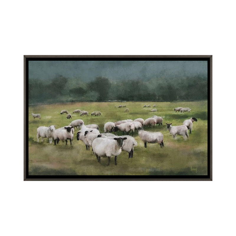 Moody Sheepscape, Dark Rustic Wood Floater Framed Canvas, No Mat, 18" H x 26" W x 1.5" D