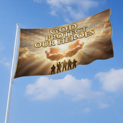 Drapeau extérieur God protect our Heroes (3 x 5 pi) par - Polyester durable, résistant à la décoloration, bords nets, œillets en laiton - Drapeau imprimé War & Faith - fabriqué aux États-Unis