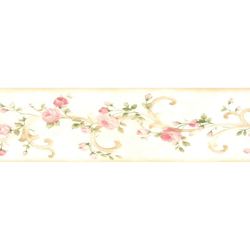 Bordure de papier peint Dolcie Bloomed Roses on Damask Scroll L 15 pi x l 6 po, Beige / Rose