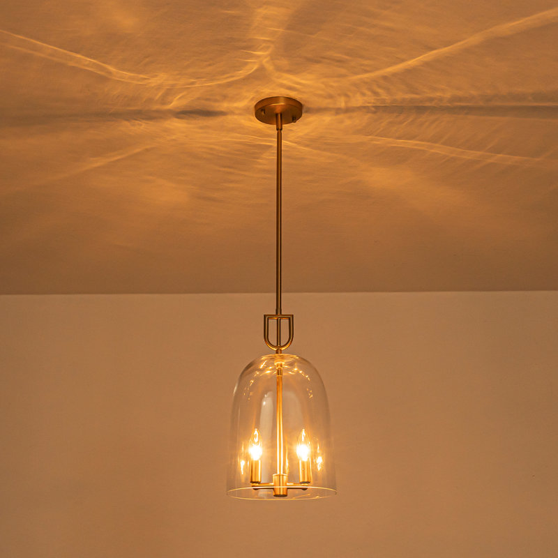 Luminaire suspendu moderne en verre Bell, îlot de cuisine doré à 2 lumières avec tige réglable, abat-jour en verre transparent à finition laiton pour vestibule de bar de salle à manger