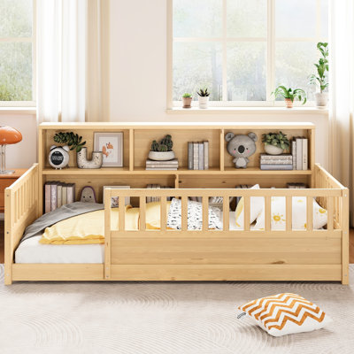 Lit simple en bois naturel avec panneau de clôture de 21,4 po et rangement, espace privé pour espace de plancher confortable, couleur, contreplaqué de pin, meubles