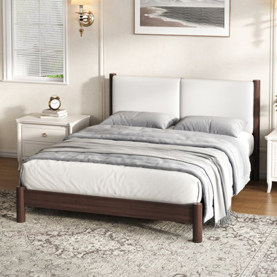 Wooden Platform Bed with PU Leather Headboard, Queen