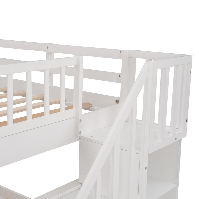 Lit superposé double avec escalier avec tiroir, rangement et garde-corps Stairway, Blanc