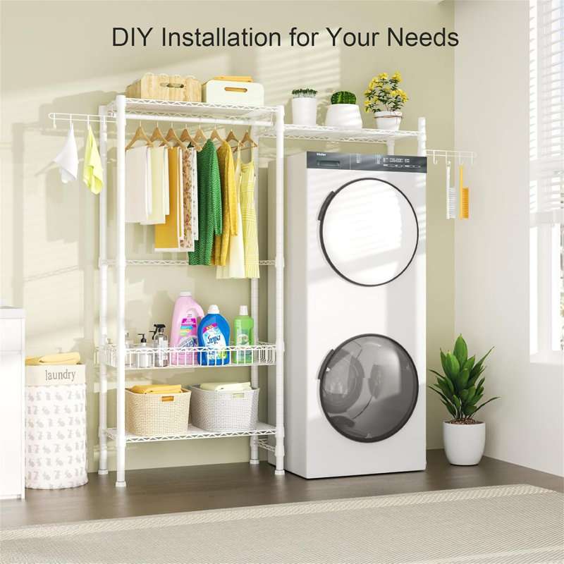 Over Washer Towel Storage Shelf - Adjustable With Hooks
