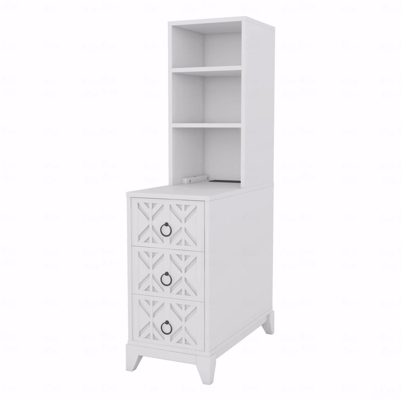 Table de chevet haute avec tiroirs et tablettes ouvertes, Blanc