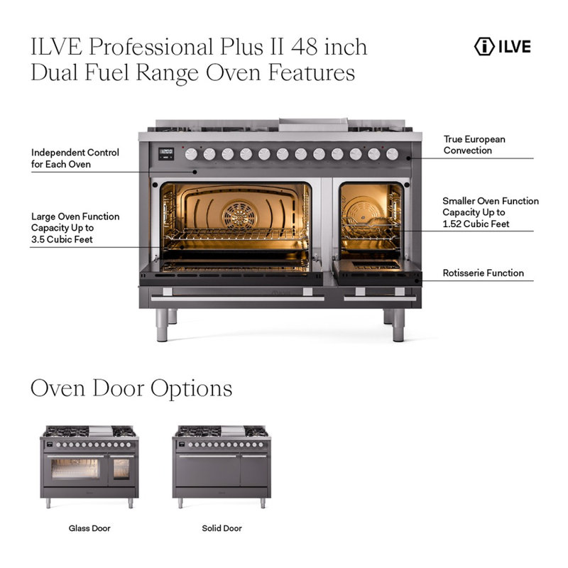 ILVE Professional Plus II 48 in Dual Fuel Range 5 Burner, Griddle, Frenchtop, Liquid Propane, White/Stainless Steel