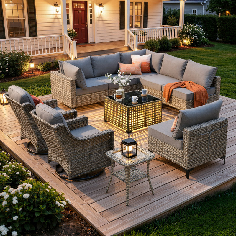 10- Piece Outdoor Patio Furniture Set, All - Weather Wicker Swivel Chairs with Thick Padded Cushions, Sectional Sofa, Coffee Table & Side Table for Garden, Backyard & Patio