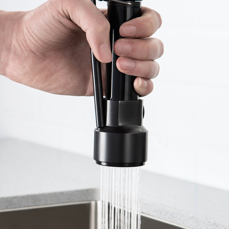 Robinet de cuisine noir commercial avec poignée rétractable, poignée simple, garantie de fuite, finition, jet d'eau multifonctionnel, méthode d'installation sans effort, robinet de lavabo mat, contrôle de poignée, garantie,