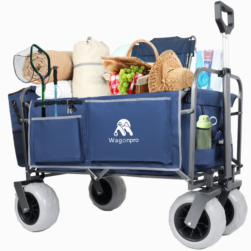 Chariot de plage pour le sable, capacité de 500 lb, chariot tout terrain à structure en acier avec pneus pneumatiques de 9 po, conception pliable pliable, bleu foncé