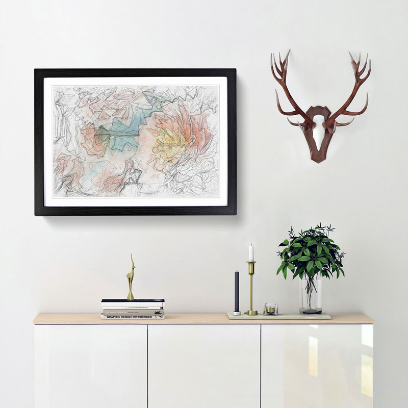 Pale Pink Dahlia Flowers in Bloom in Abstract - Picture Frame Drawing Print, 62cm H x 87cm W x 2cm D, Black Framed
