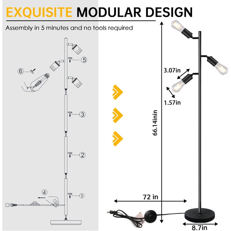 Black Adjustable Industrial Tree Floor Lamp with Rotatable Lights