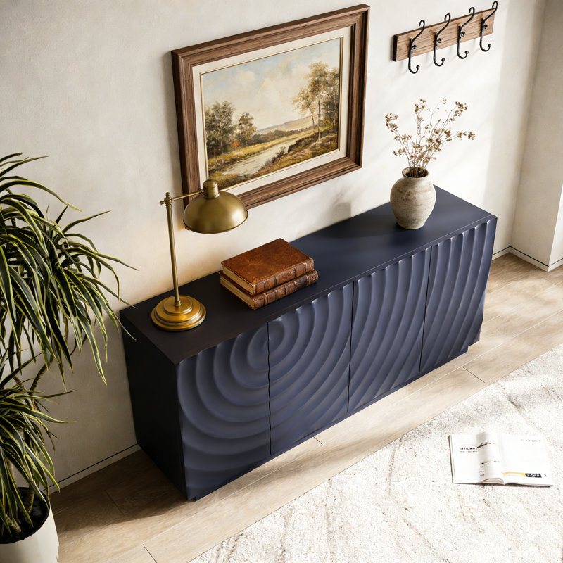 Modern Buffet Cabinet with 3D Textured Doors and Ample Storage for Living Room or Kitchen, Navy Blue