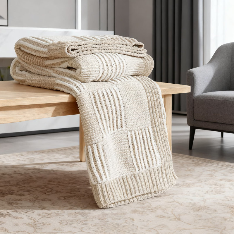 Chenille Knit Throw Blanket For Couch And Sofa, Ultra-Soft Checkered Decorative Blanket, Medium Weight For All Seasons, Beige