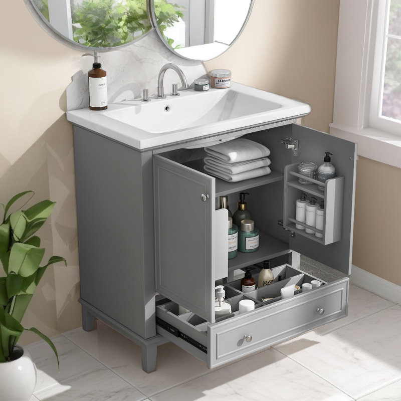 Ensemble de meuble-lavabo autoportant en bois massif + panneau de fibres à densité moyenne de 30 po avec lavabo Apsford, Gris