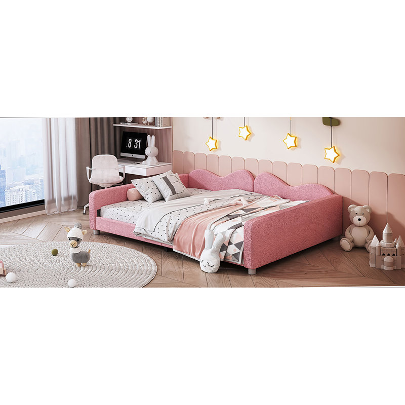 Lit de jour double rembourré en tissu sherpa avec dossier en forme de nuage, Rose