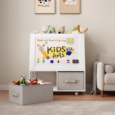 Toy Storage Organizer with Magnetic Drawing Board, Stuffed Animal Zoo Storage with Easel, 2 Fabric Drawers & 360° Swivel Wheels,White
