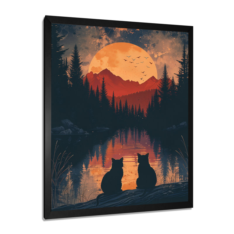 Chat jaune jaune et noir au coucher du soleil, lac coucher de soleil II - décor mural coucher de soleil, Cadre simple noir